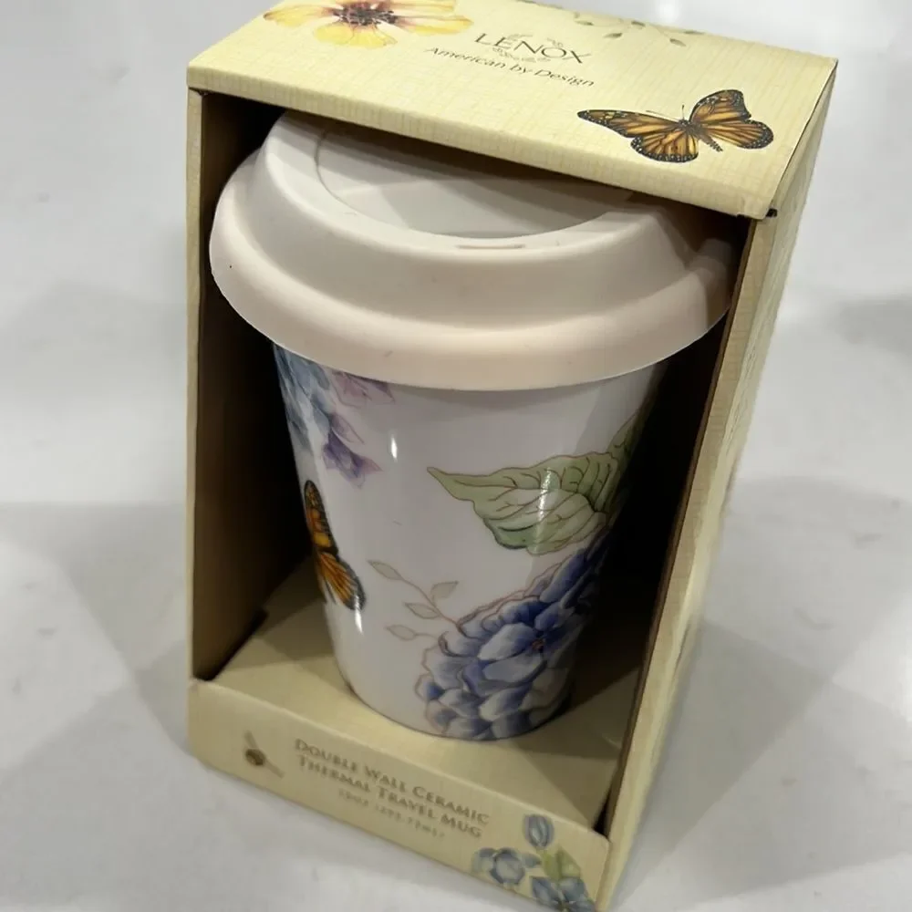 NEW Lenox Butterfly Meadow dbl walled ceramic thermal travel mug 12oz.
